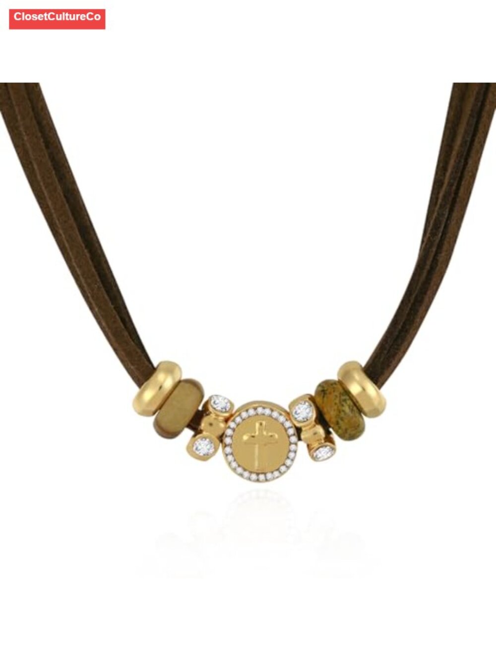 Gold Plated Faux Leather Cross Pendant Necklace Boho Choker for Women